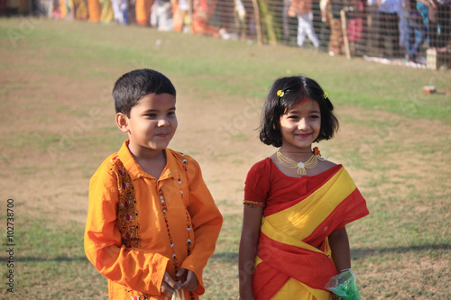 Children are enjoying Holi, the color festival of India.   The festival of color at Shantiniketan, the abode of Rabindranath Tagore.