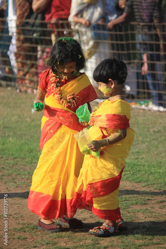 Children are enjoying Holi, the color festival of India. The festival of color at Shantiniketan, the abode of Rabindranath Tagore.