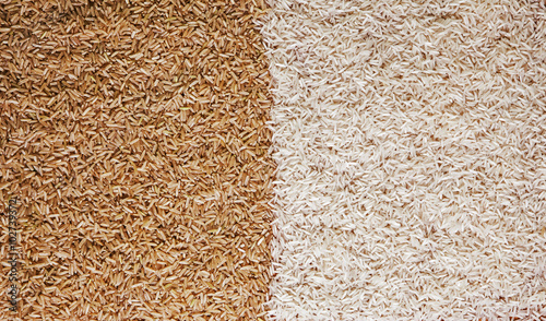 Food background texture / health concept - contrast white / brown rice.