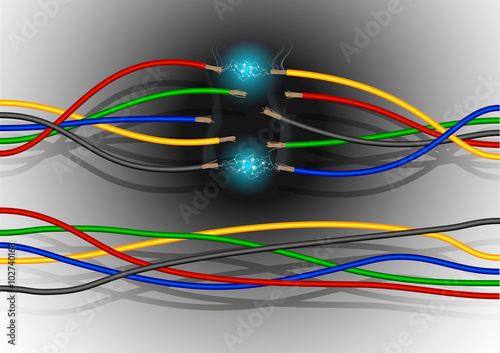 colored electric wires with sparks, smoke and soot