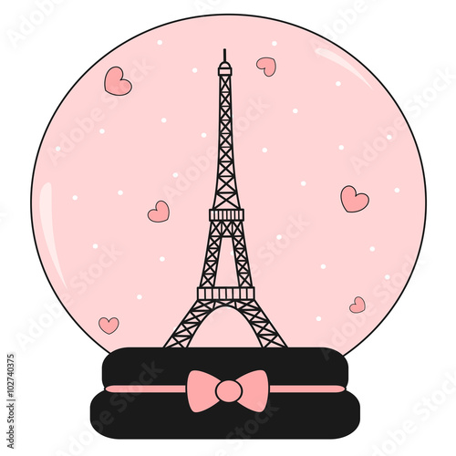 snow crystal ball with eiffel tower and hearts cute lovely pink and romantic vector illustration