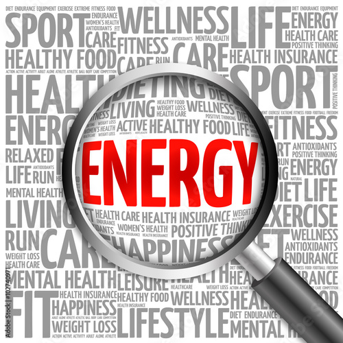 ENERGY word cloud with magnifying glass, health concept