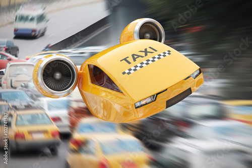 Valokuva High-speed taxicab flying over traffic jams