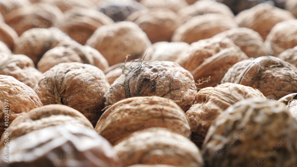 Hard shell walnuts arranged natural organic food 4K 2160p 30fps UltraHD footage - Juglans regia Juglandaceae family fruit healthy autumn product 4K 3840X2160 UHD video 