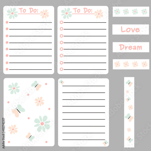 cute colorful vector set of printable template for cards, notes, journal with daisy flowers and butterfly