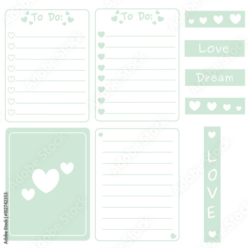 cute mint color vector set of printable template for cards, notes, journal with hearts illustration