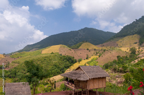 Countryside landscape mountain with wooden house