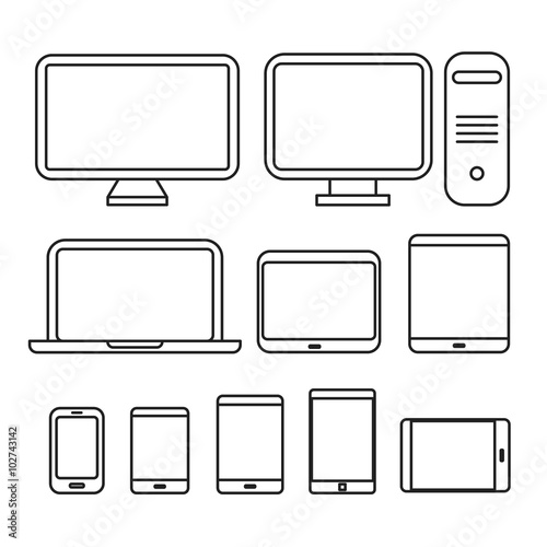 Different media devices collection. Lineart design silhouettes