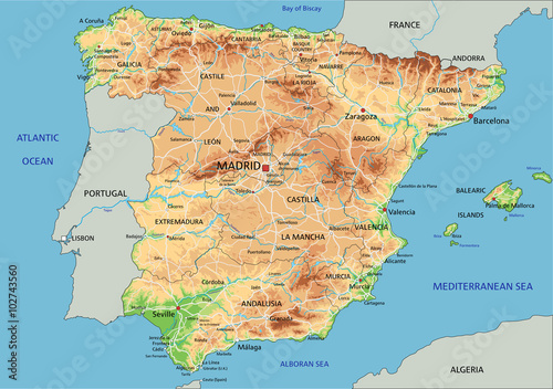 High detailed Spain physical map with labeling.