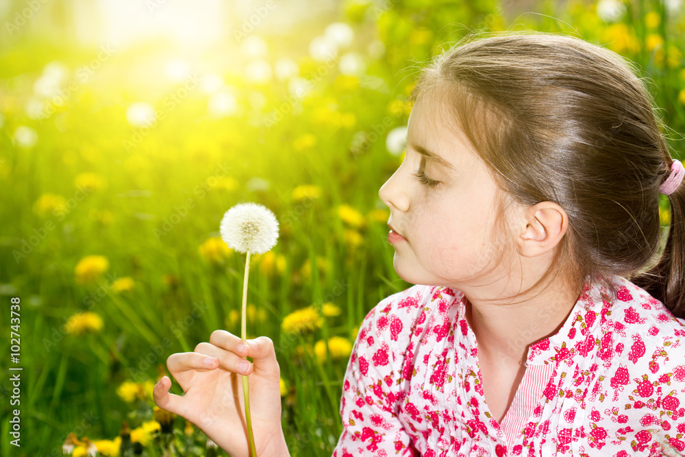 little girl on the meadow in spring day - blowing dandelion little girl on the meadow in spring day - blowing dandelion