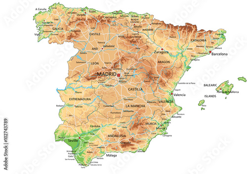 High detailed Spain physical map with labeling.
