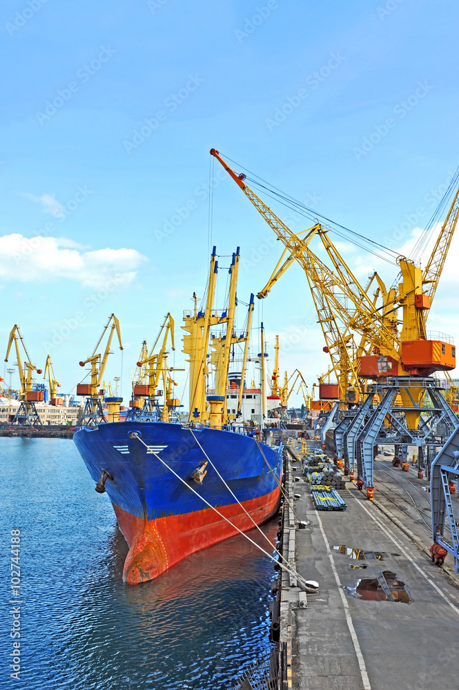 Bulk cargo ship under port crane bridge, Odessa, Ukraine