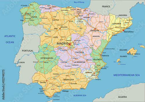 Spain - Highly detailed editable political map with labeling.