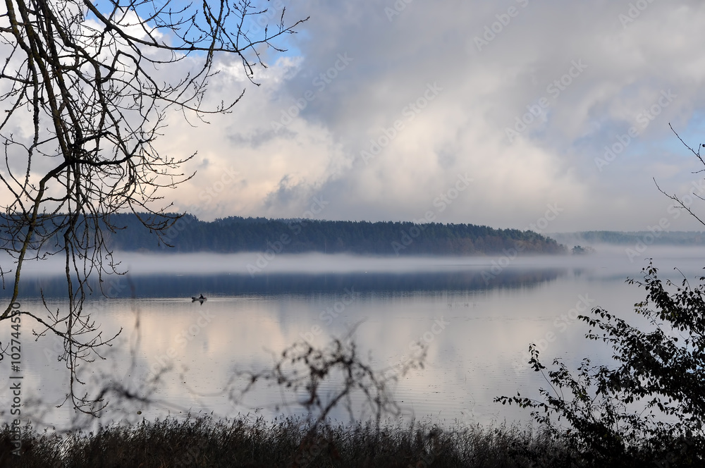 Fototapeta premium fog on the river, water, lake Yugla, Riga, Latvia
