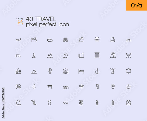 Travel and tourism modern thin line pixel perfect icons set. Out