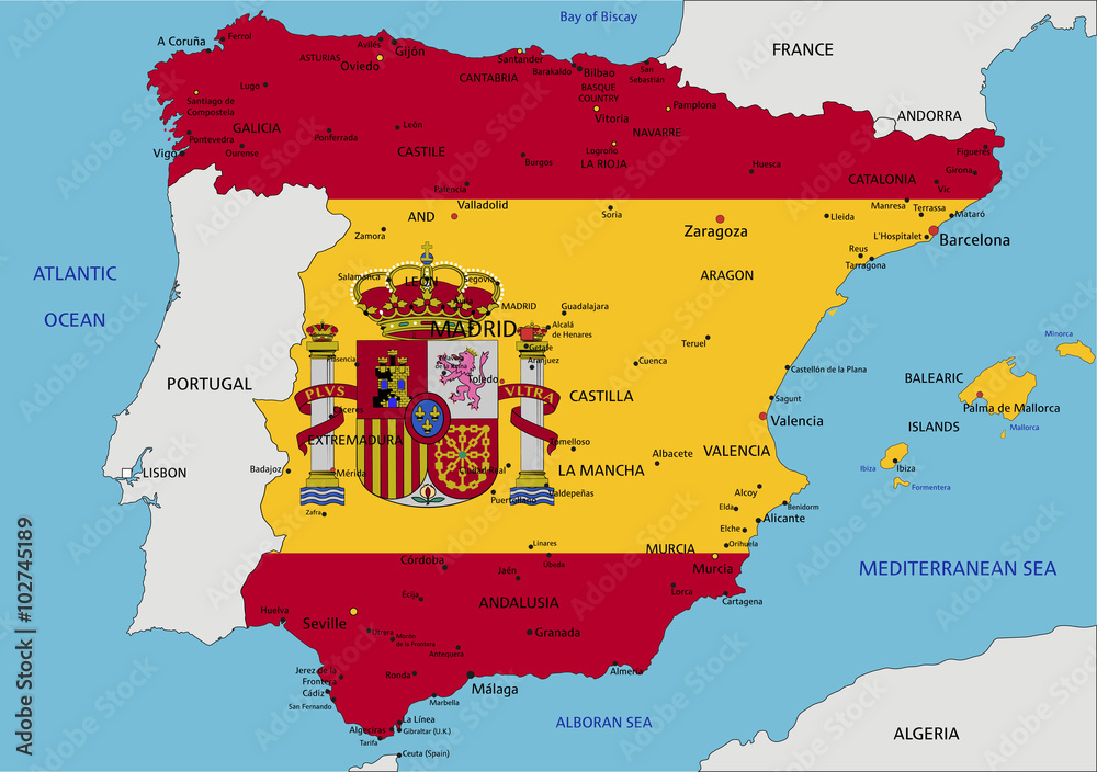 Spain highly detailed political map with national flag. Stock Vector ...