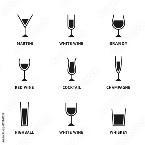 Vector set of flat alcohol glasses icon: glass of martini, glass of white wine, red wine glass, champagne glass, brandy glass, whiskey glass, cocktail glass. Line icon and solid icon. Glass for bar