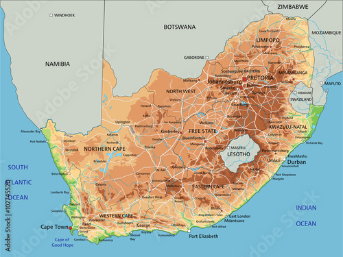 High detailed South Africa physical map with labeling.