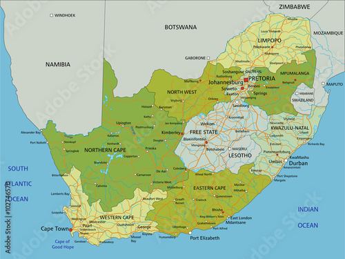Highly detailed editable political map with separated layers. South Africa.