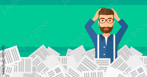 Man in stack of newspapers.