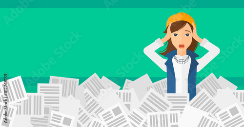 Woman in stack of newspapers.