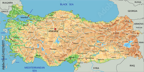 High detailed Turkey physical map with labeling.