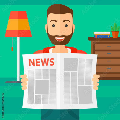 Reporter reading newspaper.