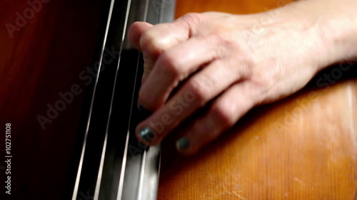 Close detail on the left hand of a cellist as she plays her instrument high on the fingerboard of the cello. photo