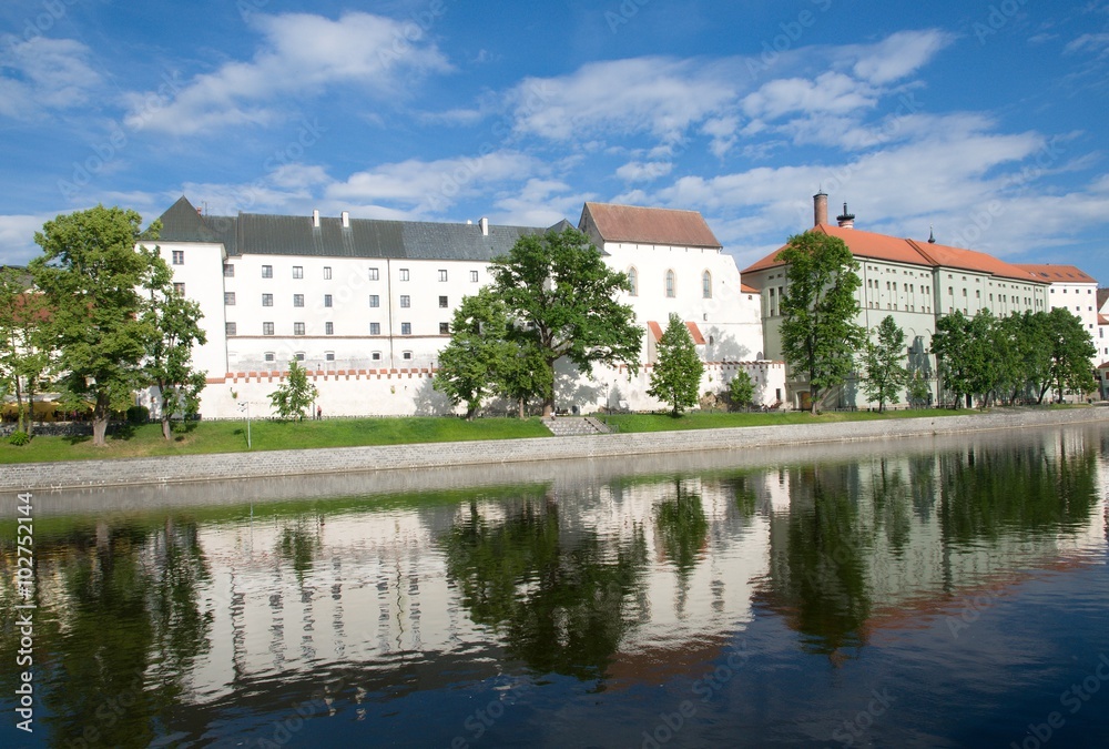 Medieval Town Pisek from embankment river Otava in the Southern Bohemia, Czech Republic