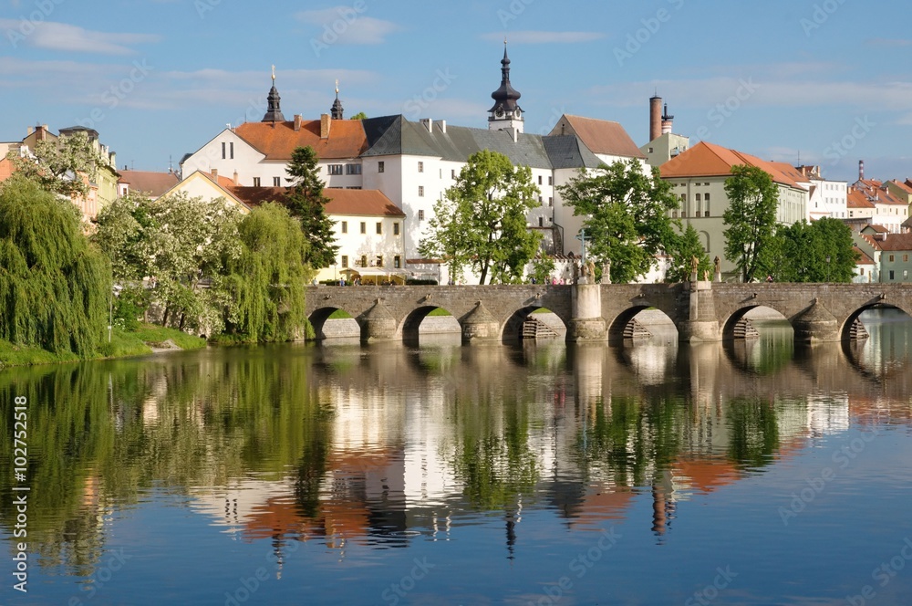 Medieval Town Pisek and historic stone bridge over  river Otava in the Southern Bohemia, Czech Republic