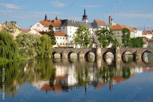 Medieval Town Pisek and historic stone bridge over river Otava in the Southern Bohemia, Czech Republic