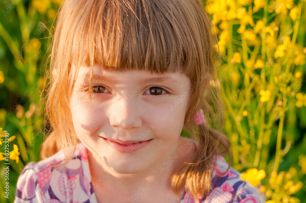 Girl with pigtails smiling in a field Girl with pigtails smiling in a field