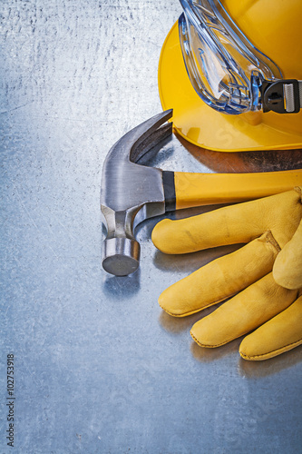 Protective eyewear building helmet safety gloves claw hammer con