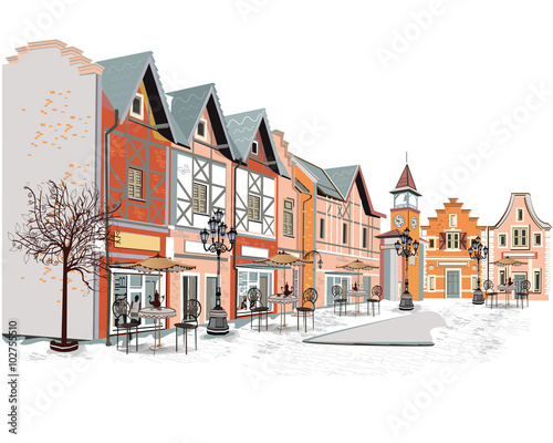 Background decorated with old town views and street cafes.