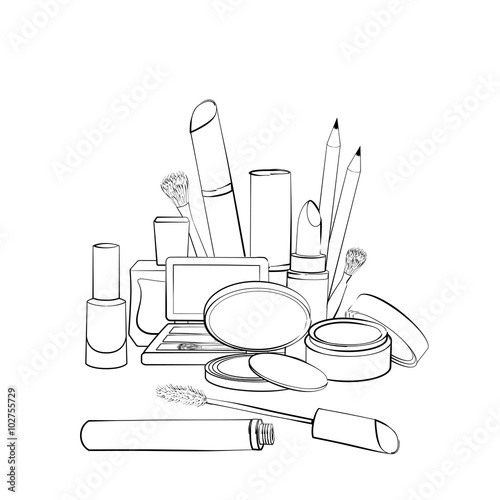 Hand drawn cosmetics collection. Sketch of elements for make-up isolated on white background. Black and white outline