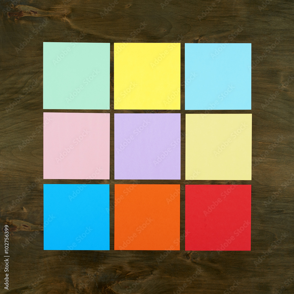 Color bar from paper sticker on wood background in square frame form . Flat design and top view of interface menu concept on desk. Color bar from paper sticker on wood background in square frame form . Flat design and top view of interface menu concept on desk.