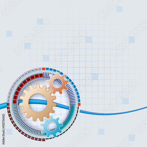 Abstract, design template for industry background with shapes of colorful gears on graded device and  squares web; Space for text