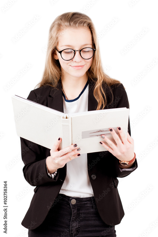 Girl learning information from book isolated Girl learning information from book isolated