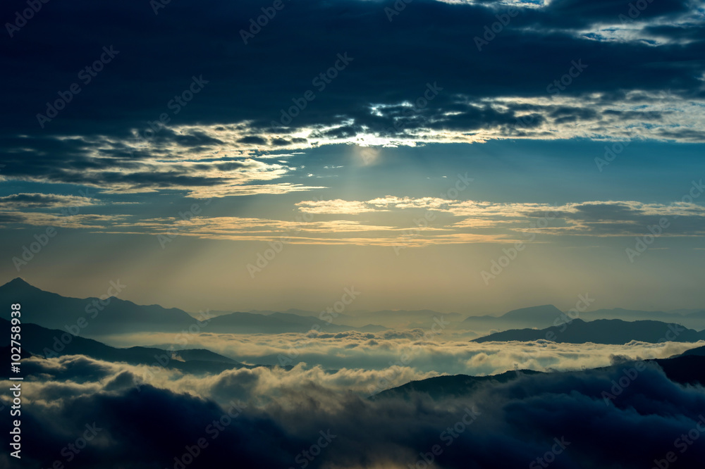 Fototapeta premium Seoraksan mountains is covered by morning fog and sunrise in Seo