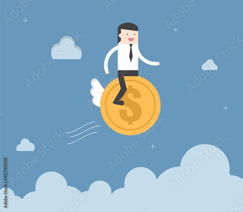 Businessman ride coin financial freedom. Flat design for business financial marketing banking advertising event concept cartoon illustration.