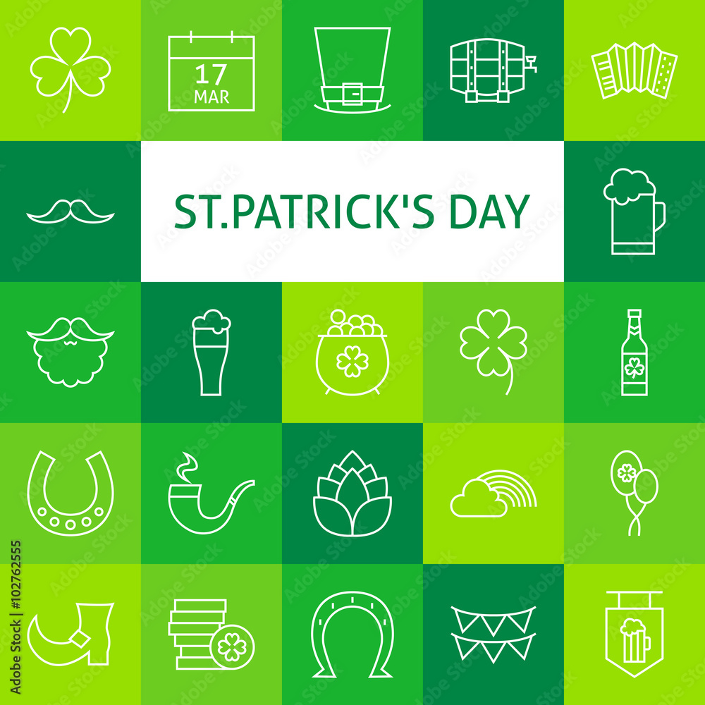 Vector Line Art Modern Saint Patrick Day Icons Set Vector Line Art Modern Saint Patrick Day Icons Set