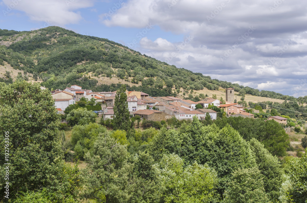 Beautiful view on village surrounded by mountains. Zapardiel de la Ribera, Avila, Spain