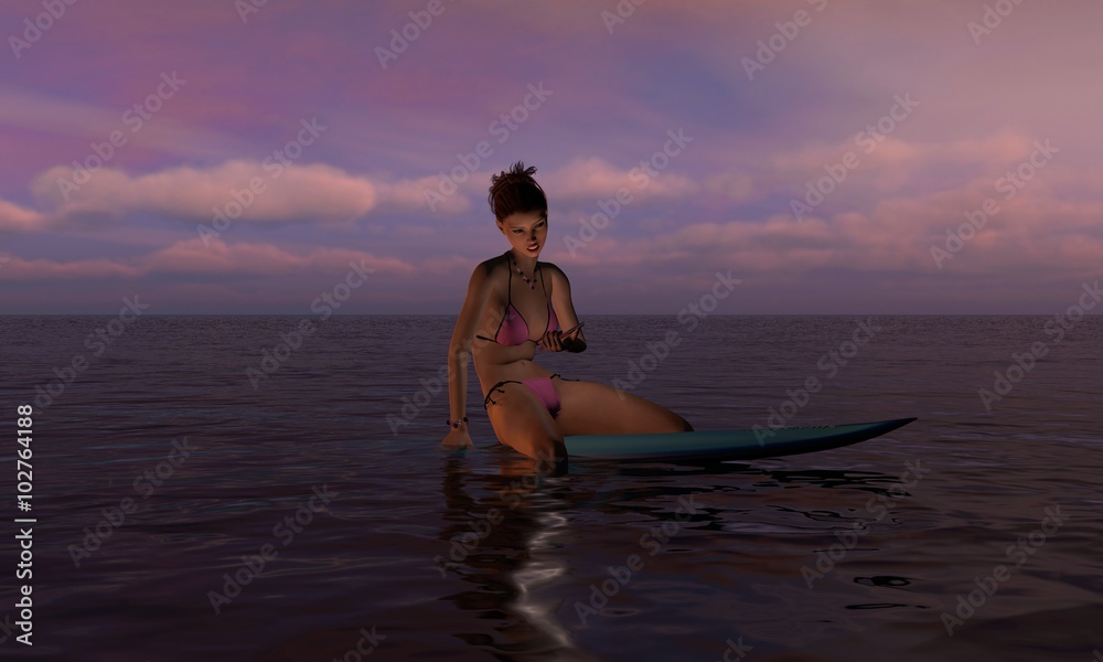 Surfer Girl At Sunset or Sunrise With Mobile Phone Surfer Girl At Sunset or Sunrise With Mobile Phone