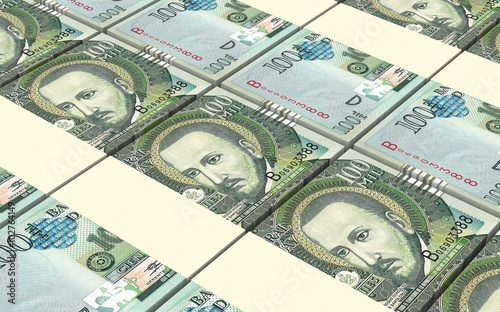 Paraguyan guarani bills stacks background. Computer generated 3D photo rendering.