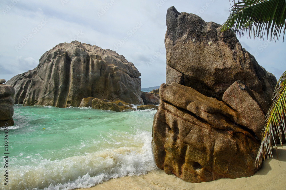 Naklejka premium Anse Patates beach, La Digue island, Seychelles