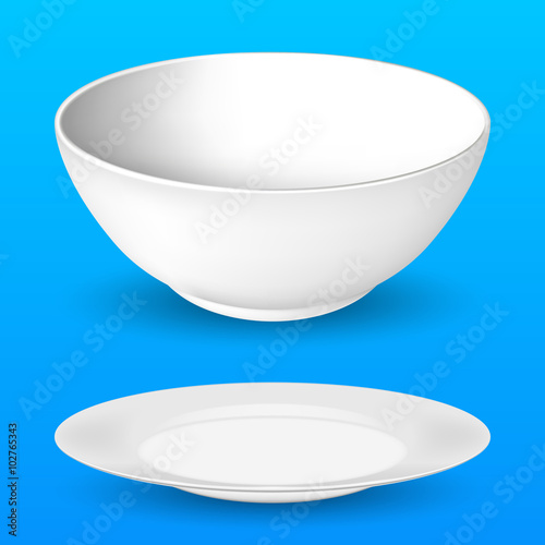 Bowl and plate, realistic vector illustration