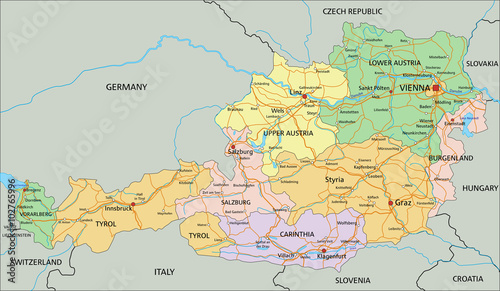 Austria - Highly detailed editable political map with labeling.