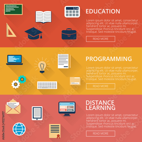 set of three banners with the image education, programming, distance learning. Icons in a flat style with shadow.