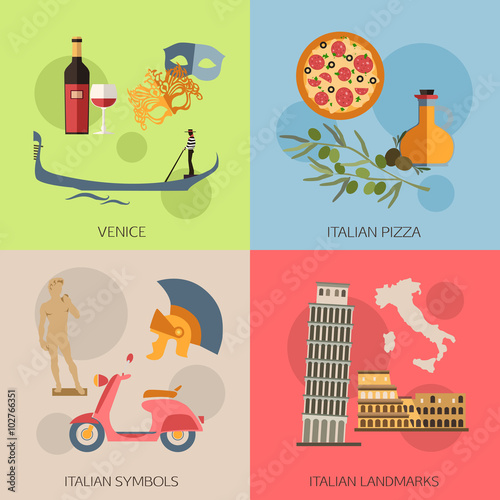 Set of Italy travel compositions with place for text. Venice, Italian Pizza, Symbols, Landmarks. Set of colorful flat icons for your design. 