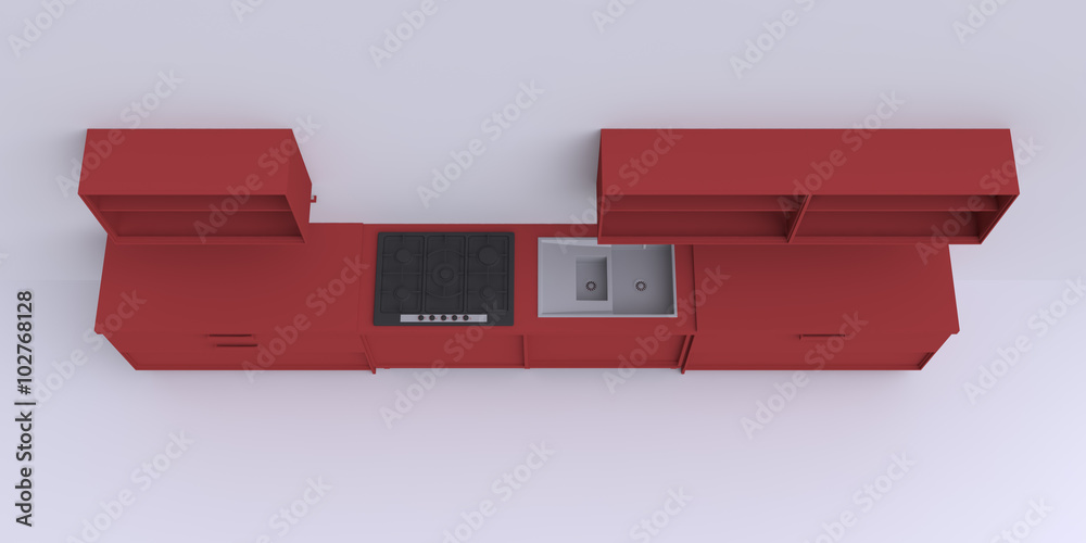 Kitchen furniture in the corner room, 3d illustration. Kitchen furniture in the corner room, 3d illustration.